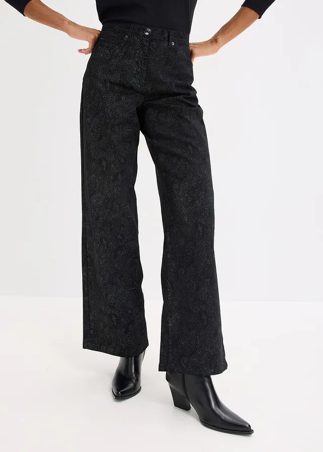 Wide leg broek van stretch katoen • zwart-rookgrijs paisley • product-page.page-title-suffix