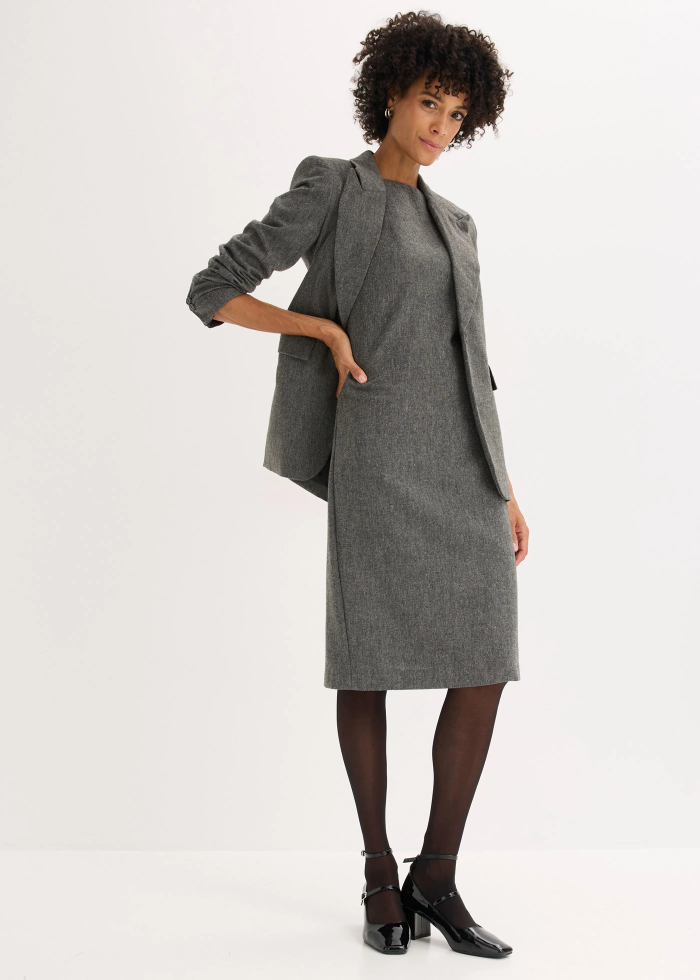 Kokerjurk in tweed look • zwart-wolwit gemêleerd • bonprix online shop