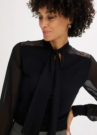 Shirt met strik en kant • zwart • bonprix online shop
