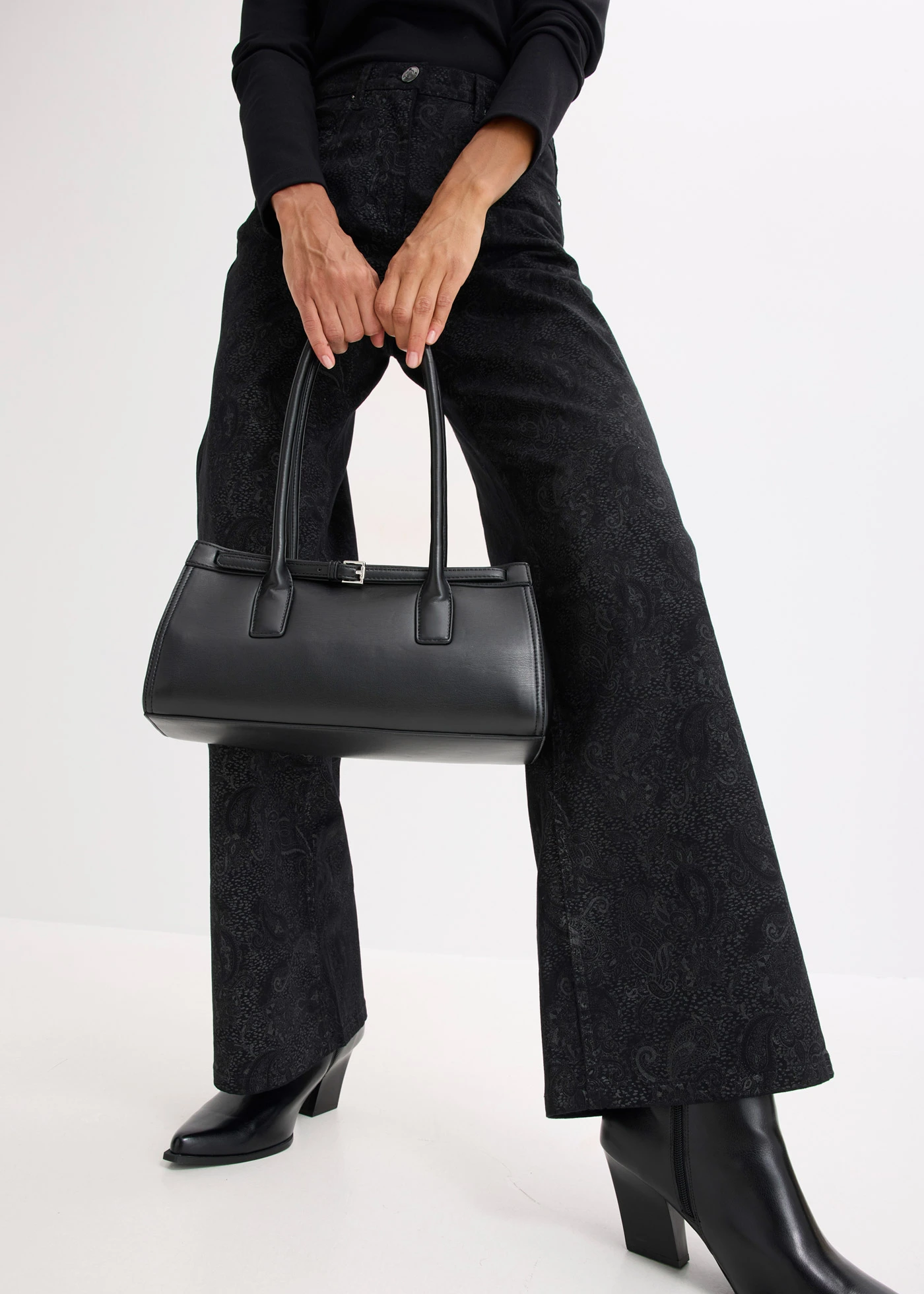 Spodnie wide leg z bawełny ze stretchem • czarno-dymny szary w deseń paisley • sklep bonprix