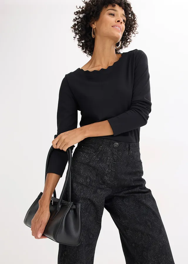Spodnie wide leg z bawełny ze stretchem • czarno-dymny szary w deseń paisley • sklep bonprix