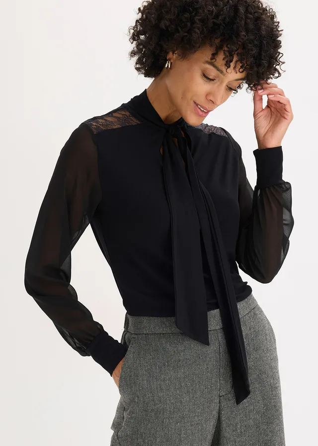T-shirt manches longues avec dentelle et col lavallière • noir • product-page.page-title-suffix