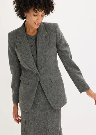 Blazer in tweed look, Kleur: zwart-wolwit gemêleerd