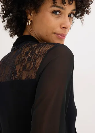 T-shirt manches longues avec dentelle et col lavallière • noir • Boutique bonprix