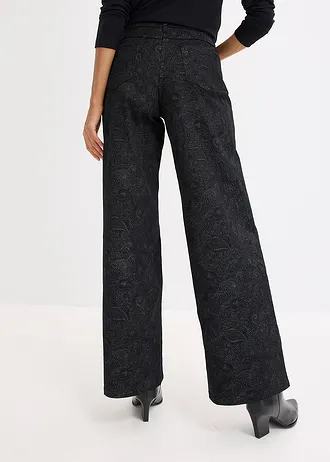 Wide leg broek van stretch katoen, Kleur: zwart-rookgrijs paisley