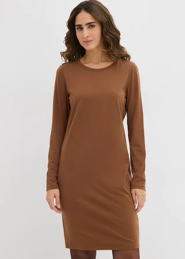 Accentuerende jersey jurk (set van 2), Kleur: pimentbruin-wijnrood