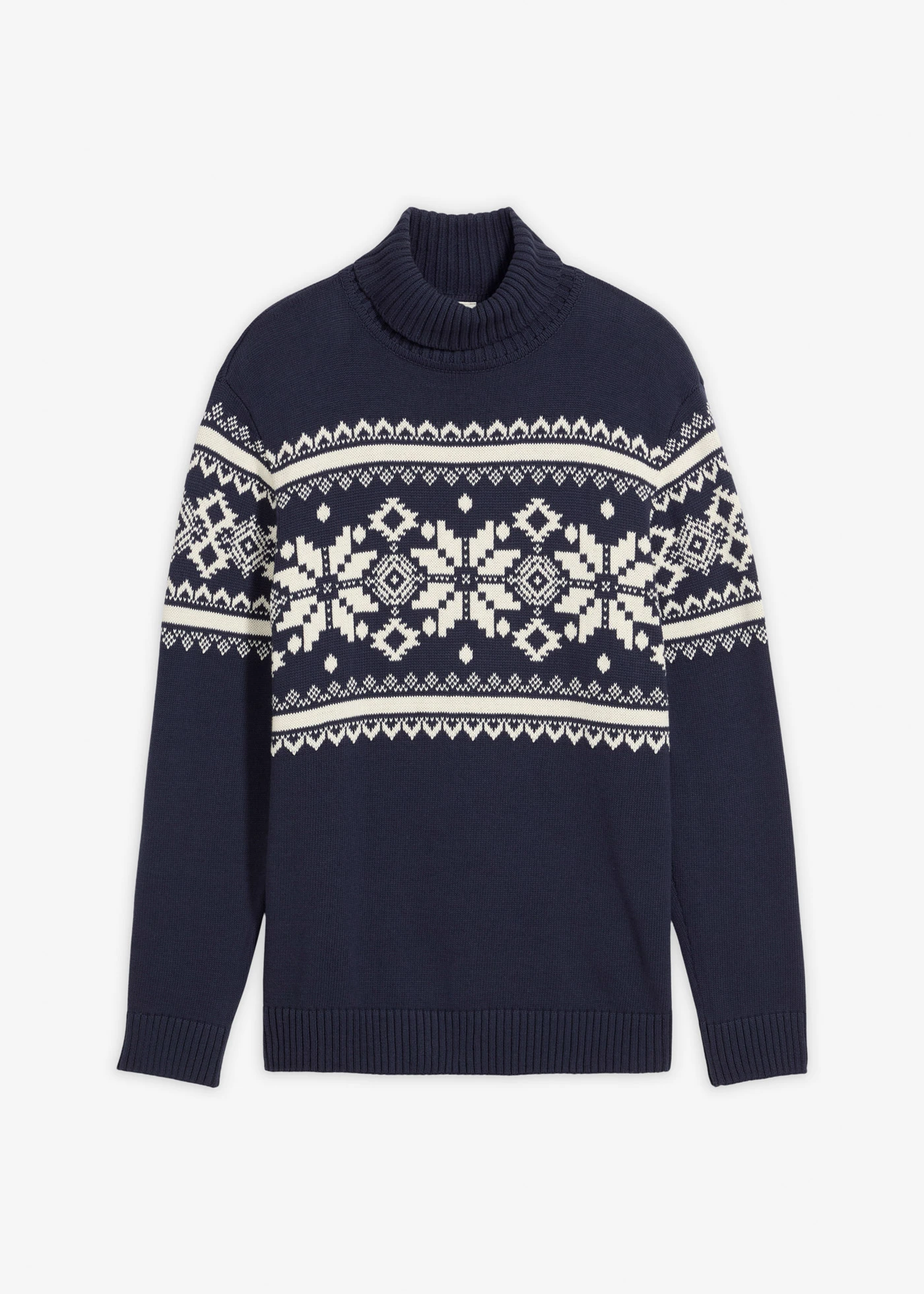 Pull col roulé à motif norvégien, 100% coton • bleu foncé-crème norvégien • Boutique bonprix