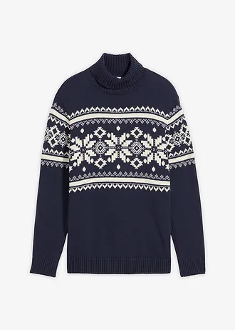 Pull col roulé à motif norvégien, 100% coton • bleu foncé-crème norvégien • Boutique bonprix