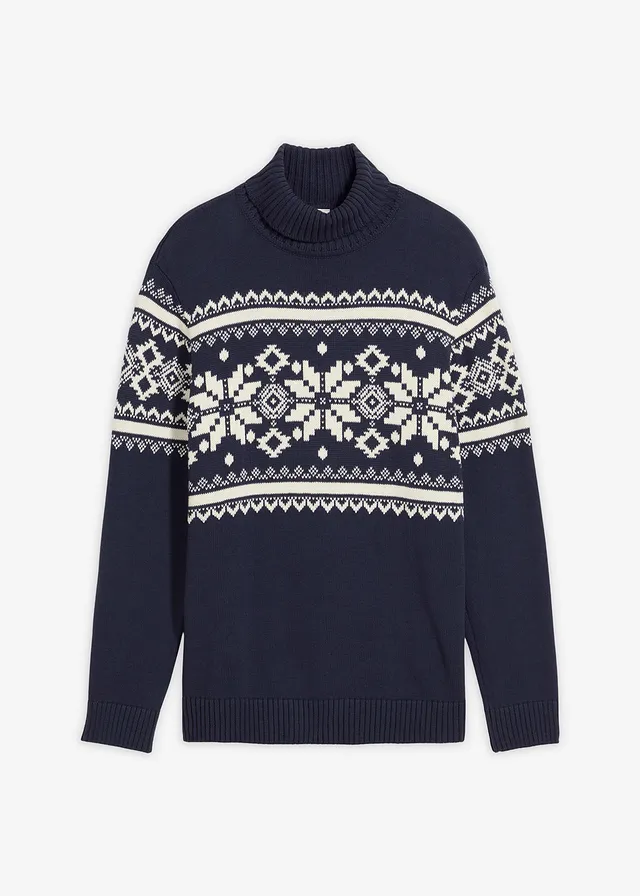 Pull col roulé à motif norvégien, 100% coton • bleu foncé-crème norvégien • Boutique bonprix
