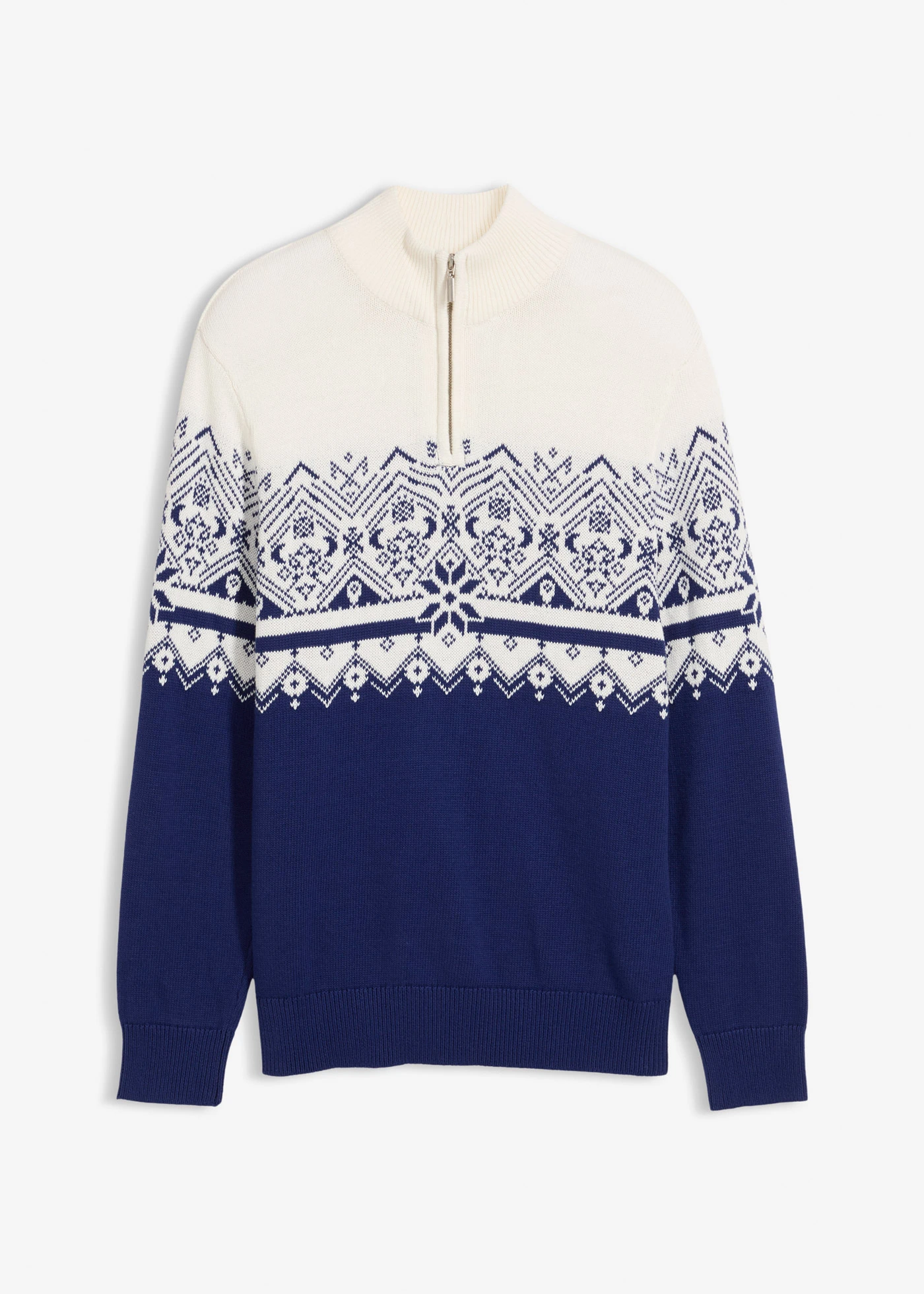 Norvégmintás pulóver cipzáros gallérral és tiszta pamutból • gyapjúfehér-mélytengeri kék norvégmintás • bonprix áruház