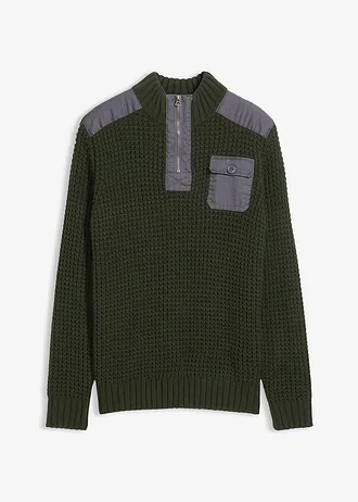 Pull camionneur en grosse maille avec empiècements en tissu