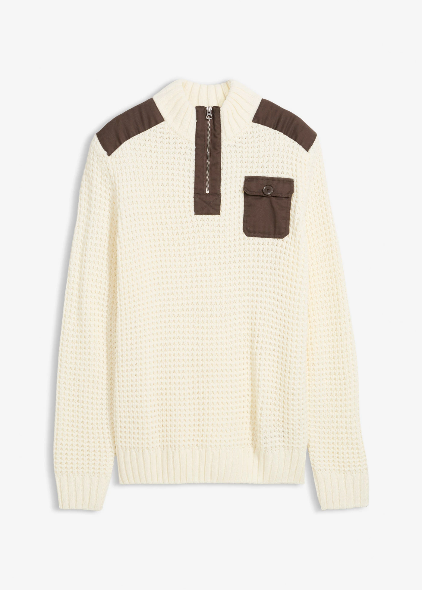 Pull camionneur en grosse maille avec empiècements en tissu • ecru • Boutique bonprix