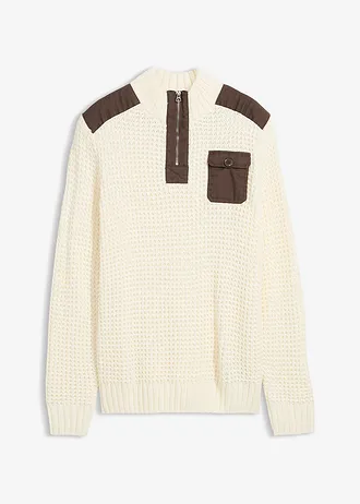 Pull camionneur en grosse maille avec empiècements en tissu • ecru • Boutique bonprix