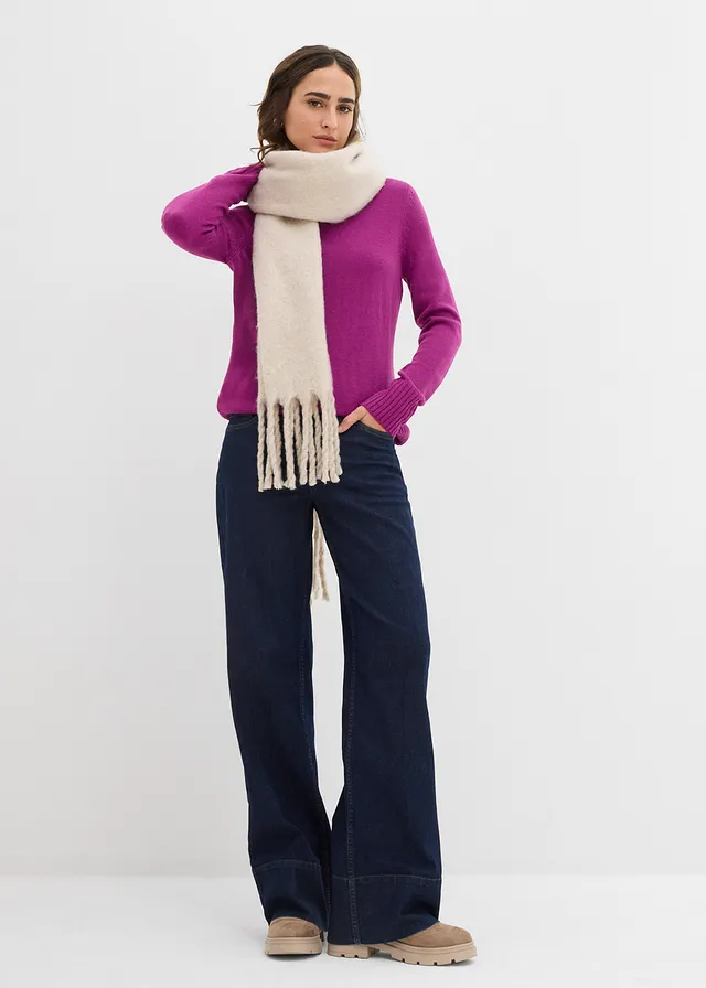 Pull col roulé basique en fine maille fuchsia foncé