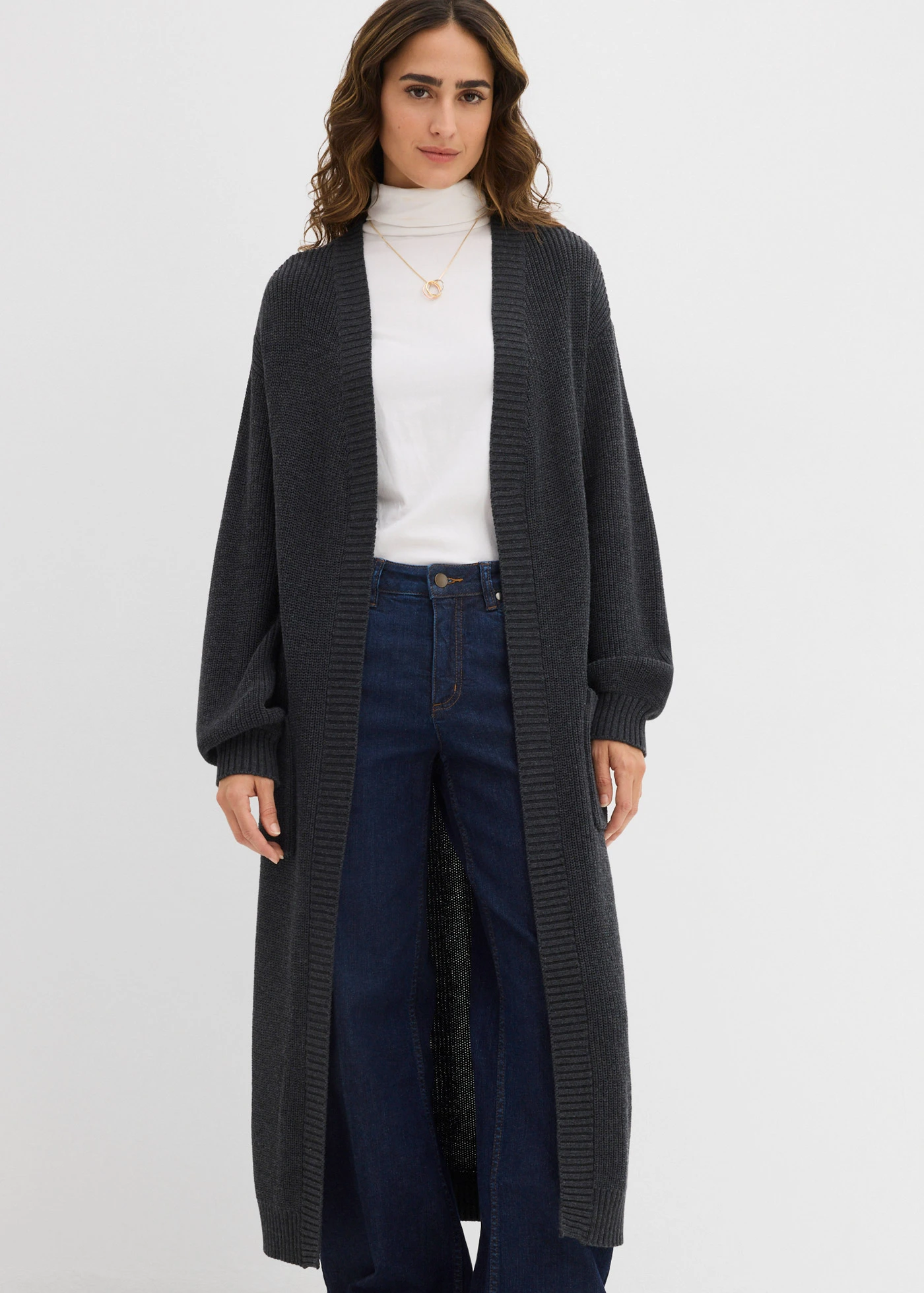 Dlouhý pletený kabátek se spadlými rameny • antracitový melír • bonprix obchod