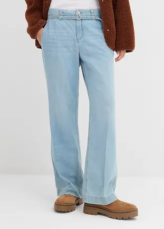 Wide leg jeans mid waist met riem, Kleur: lichtblauw denim used