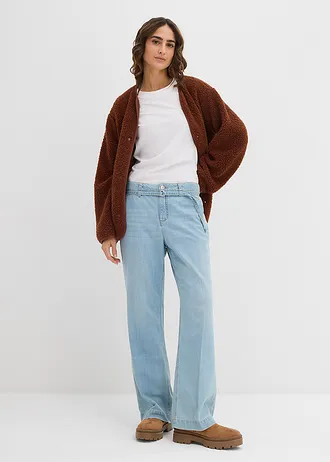 Wide leg jeans mid waist met riem, Kleur: lichtblauw denim used