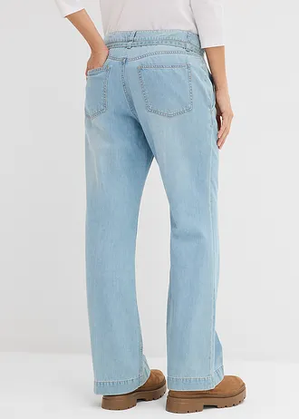 Wide leg jeans mid waist met riem, Kleur: lichtblauw denim used