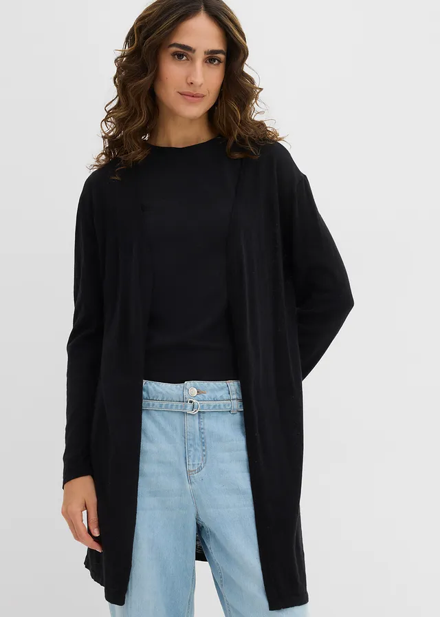Gilet long en maille, ouvert, Couleur: noir