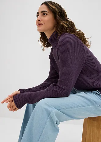 Pull en maille côtelée 100% coton • prune • Boutique bonprix