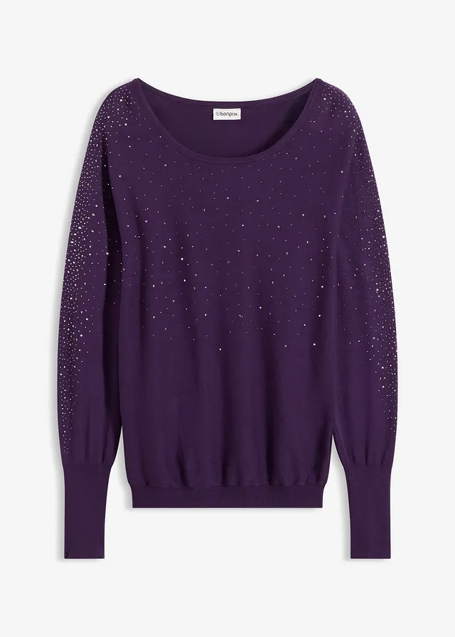 Pulover din tricot fin cu aplicații cu ștrasuri • lila închis • magazin bonprix