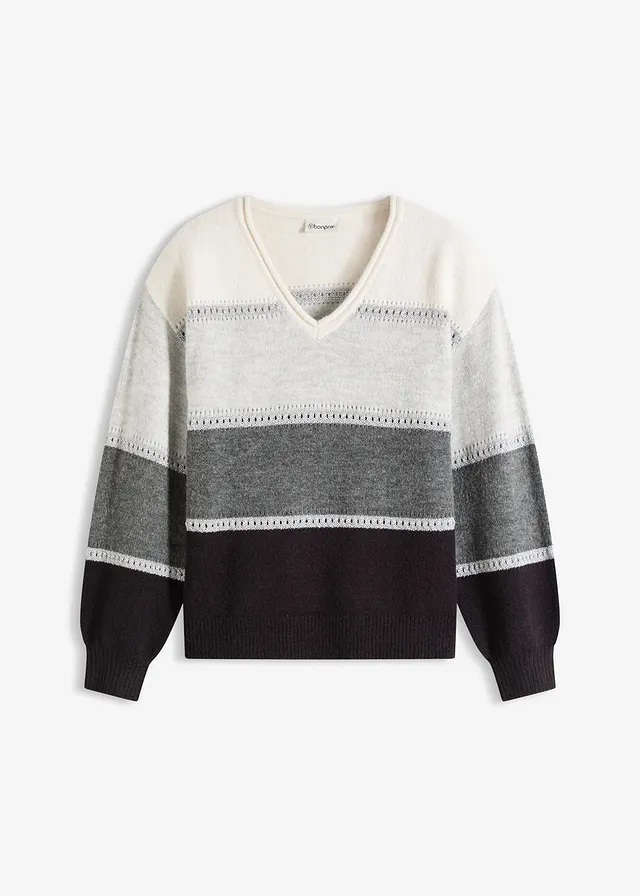 Pull, Couleur: noir-anthracite chiné-gris clair chiné-écru rayé