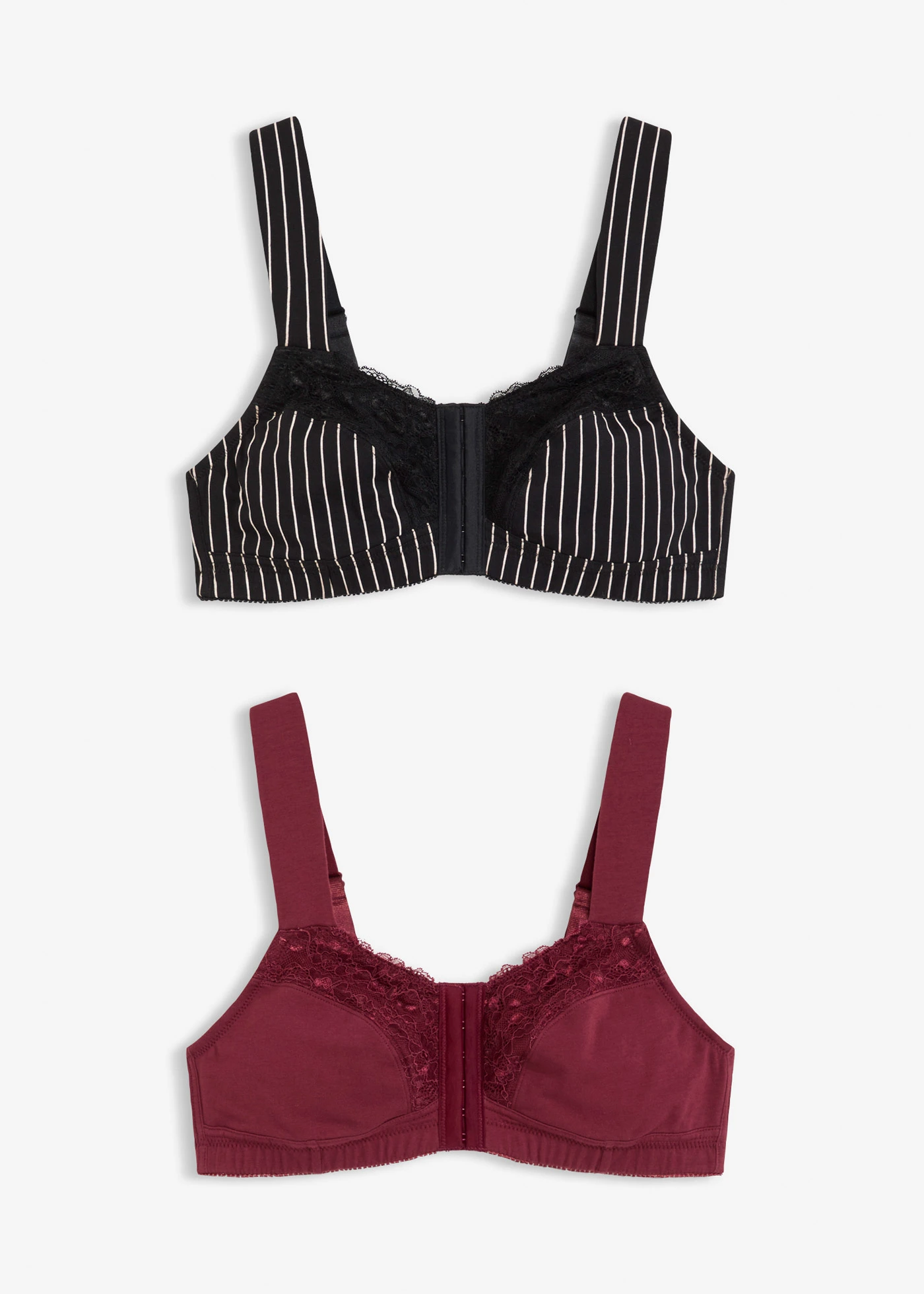 Bh zonder beugels met sluiting voorop en biologisch katoen (set van 2) • zwart/wolwit+esdoornrood • bonprix online shop