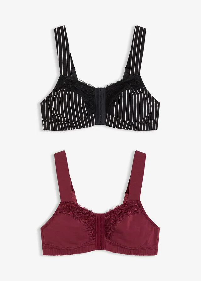 Lot de 2 soutiens-gorge à fermeture devant, sans armatures • noir-écru rayé + rouge érable • Boutique bonprix