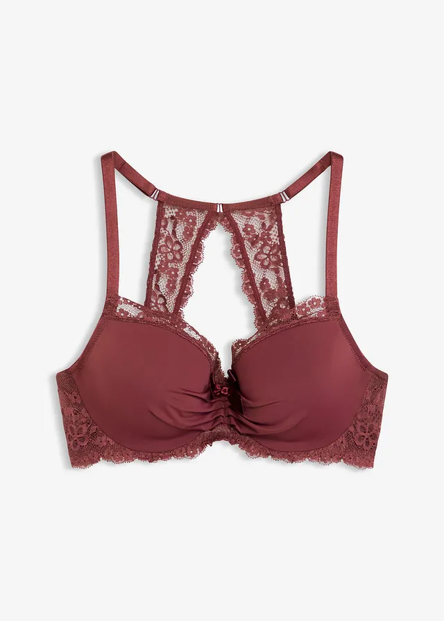 Sutien cu cupe cu burete și spate în stil sport, din dantelă • roșu-burgundy • magazin bonprix