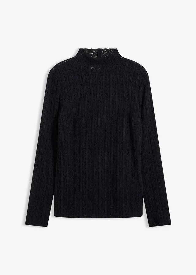 Bluză cu guler rulat din dantelă • negru • magazin bonprix