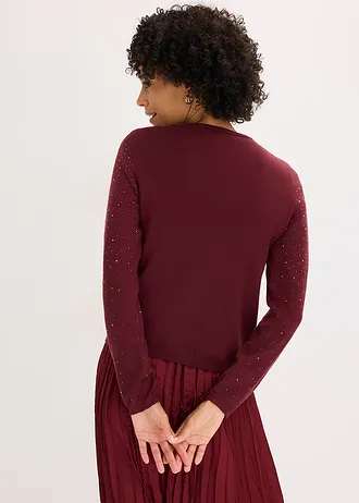 Sweter rozpinany z połyskującymi kamieniami • czerwony klonowy • sklep bonprix