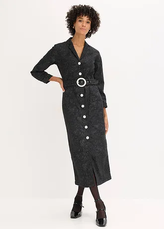 Twill jurk met riem (2-dlg. set), Kleur: zwart-rookgrijs paisley