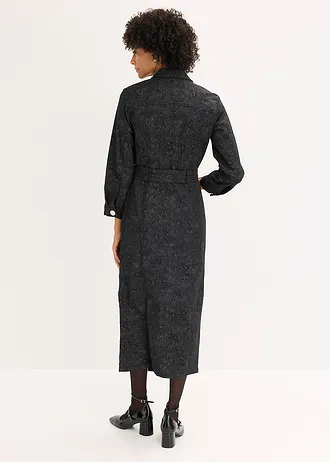 Twill jurk met riem (2-dlg. set), Kleur: zwart-rookgrijs paisley