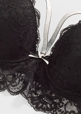 Biustonosz z usztywnianymi miseczkami i błyszczącymi ramiączkami • czarno-srebrny • sklep bonprix