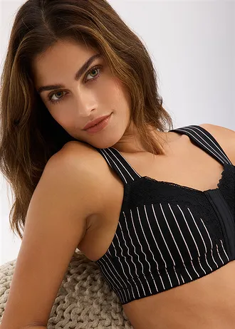 Lot de 2 soutiens-gorge à fermeture devant, sans armatures • noir-écru rayé + rouge érable • Boutique bonprix