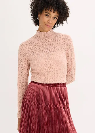 T-shirt col roulé en dentelle, Couleur: rose vintage