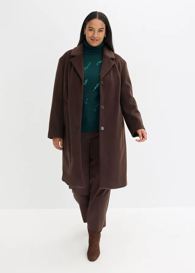 Korte coat in wollen look, Kleur: donkerbruin