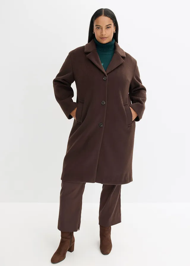Korte coat in wollen look, Kleur: donkerbruin