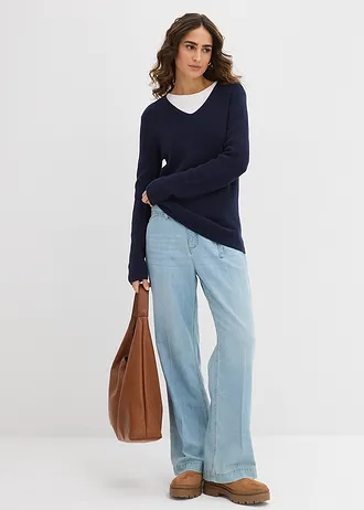 Pull en maille côtelée 100% coton • bleu foncé • Boutique bonprix