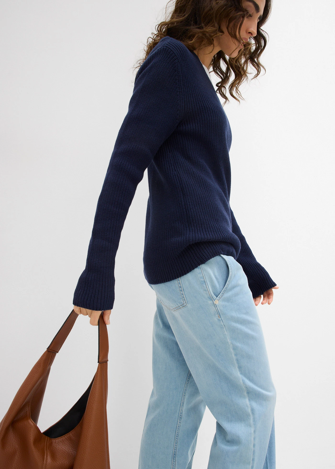 Pull en maille côtelée 100% coton • bleu foncé • Boutique bonprix