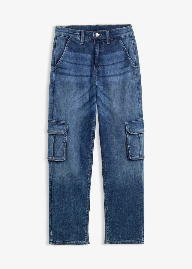 Blugi termo în stil cargo, Loose Fit cu căptușeală din jerse, conici • albastru denim • magazin bonprix