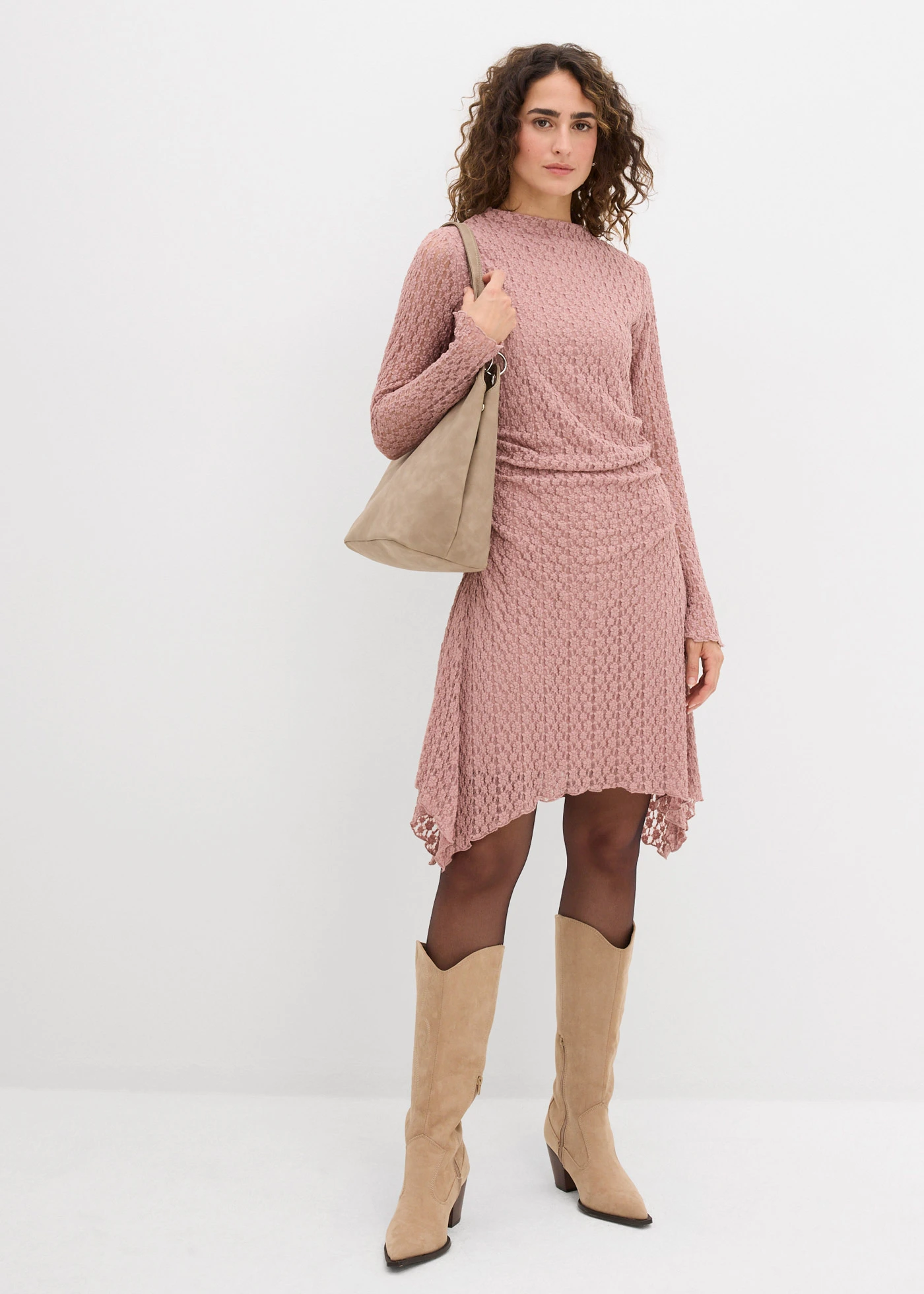 Rochie din dantelă cu tiv în colțuri • roz/gri • magazin bonprix