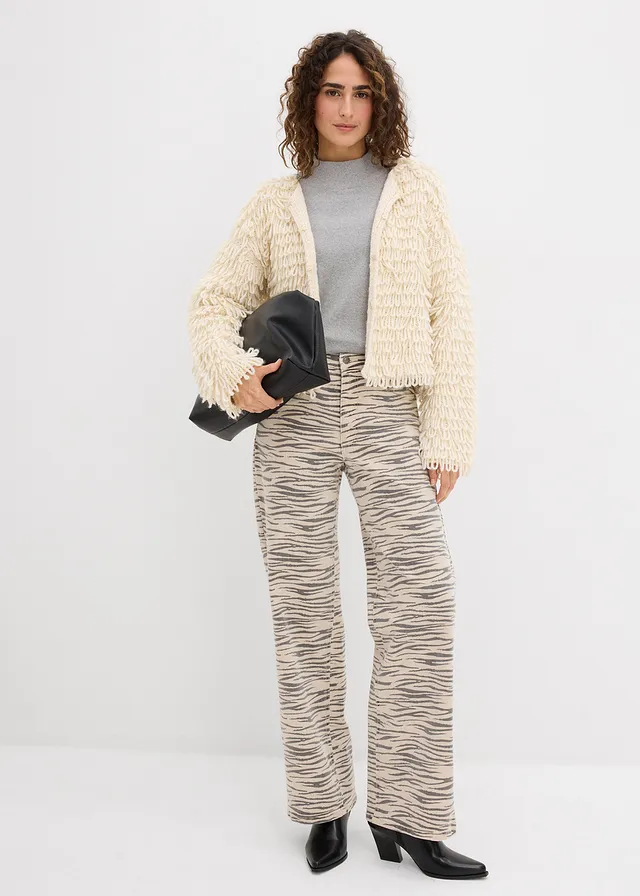 Twill broek van elastische katoenmix steengrijs-leisteengrijs zebraprint