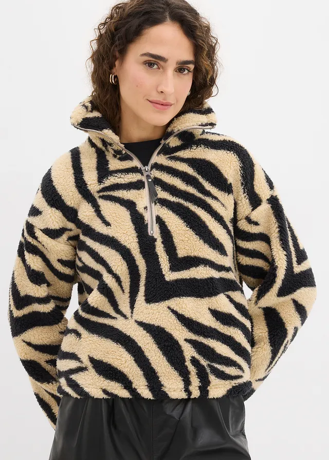 Trui van teddy fleece • lichtsand-zwart zebra • product-page.page-title-suffix
