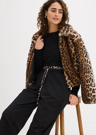 Široké teplákové kalhoty s kontrastním pasem • černá s leopardím potiskem • bonprix obchod