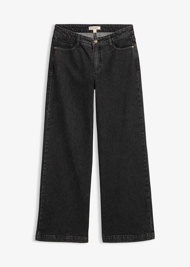 Jean large taille mi-haute, longueur sol, Couleur: gris foncé denim used