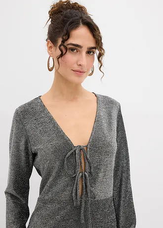 Fényes mini ruha masnis részlettel • fekete-ezüstszín Lurex • bonprix áruház