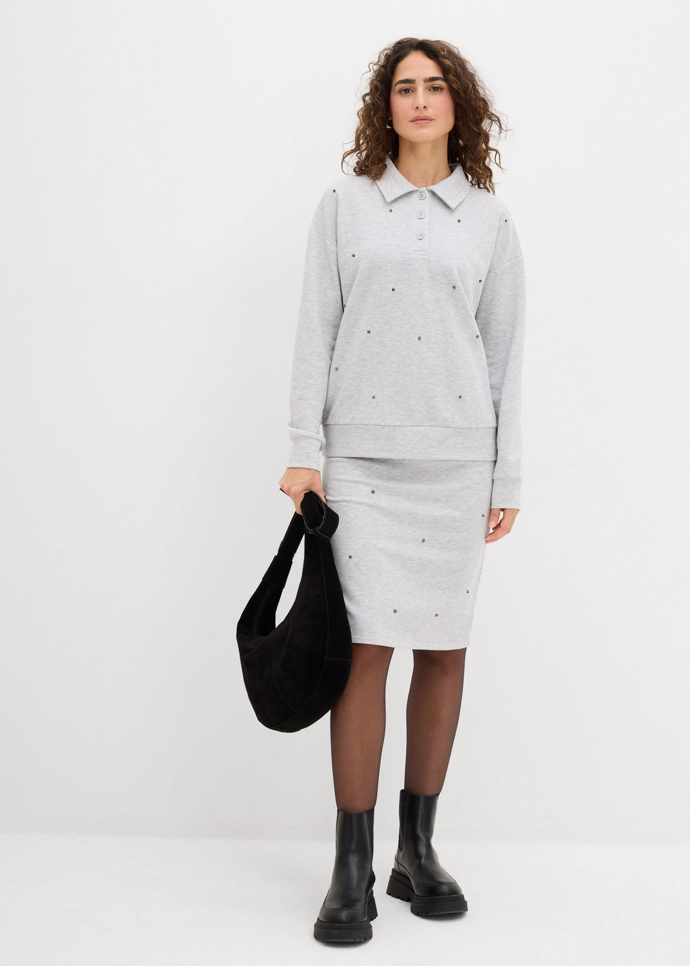 Jupe en sweat à rivets • gris clair chiné • Boutique bonprix