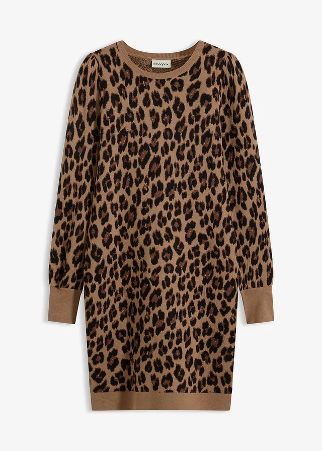 Gebreide jurk, Kleur: beige luipaardprint