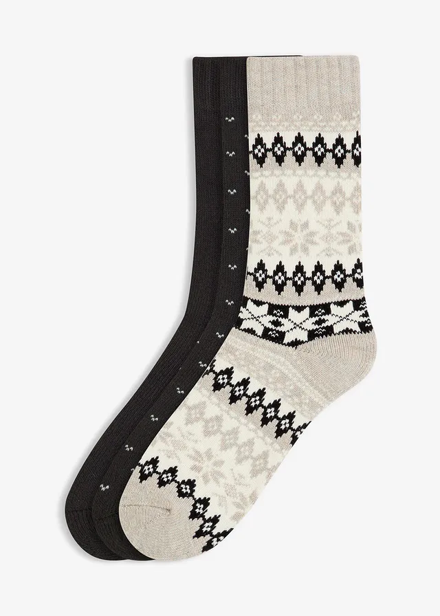 Lot de 3 paires de chaussettes chaudes, intérieur en éponge douce • noir + beige-gris chiné • Boutique bonprix